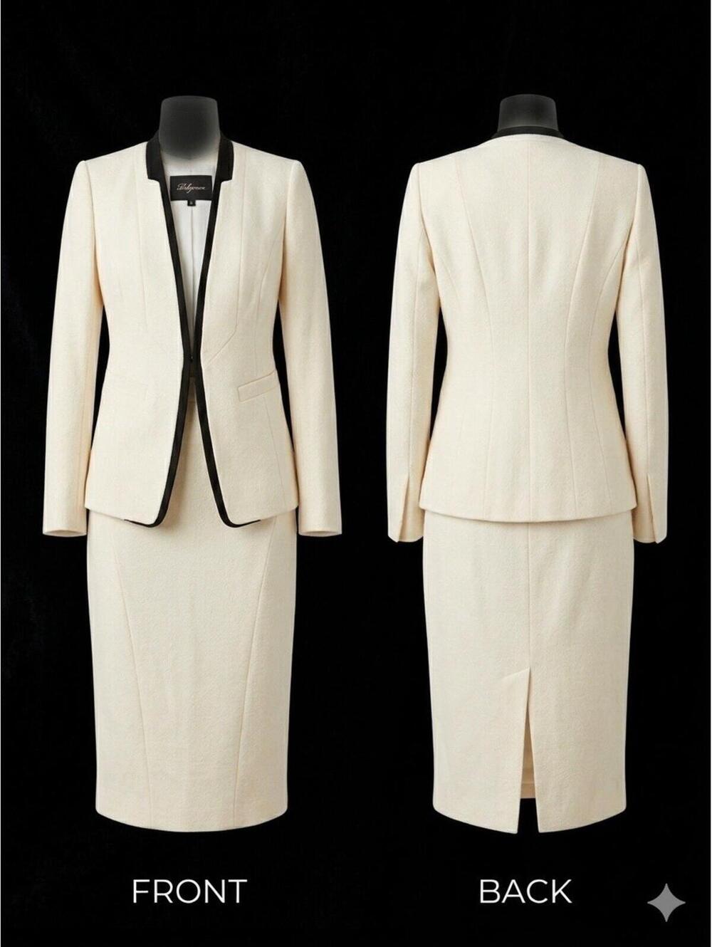 🖤 Les Copains Cream Black Trim Blazer Skirt Suit Set Women Sz 10 23-32 🤍